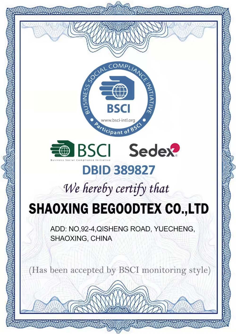 BEGOODTEX flame retardant standard certificate